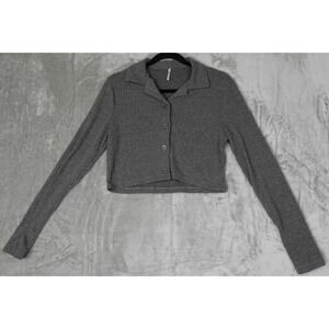 3rd + Malt Sweater Womens Large Polo Collar Cropped Ribbed Charcoal Gray Preppy